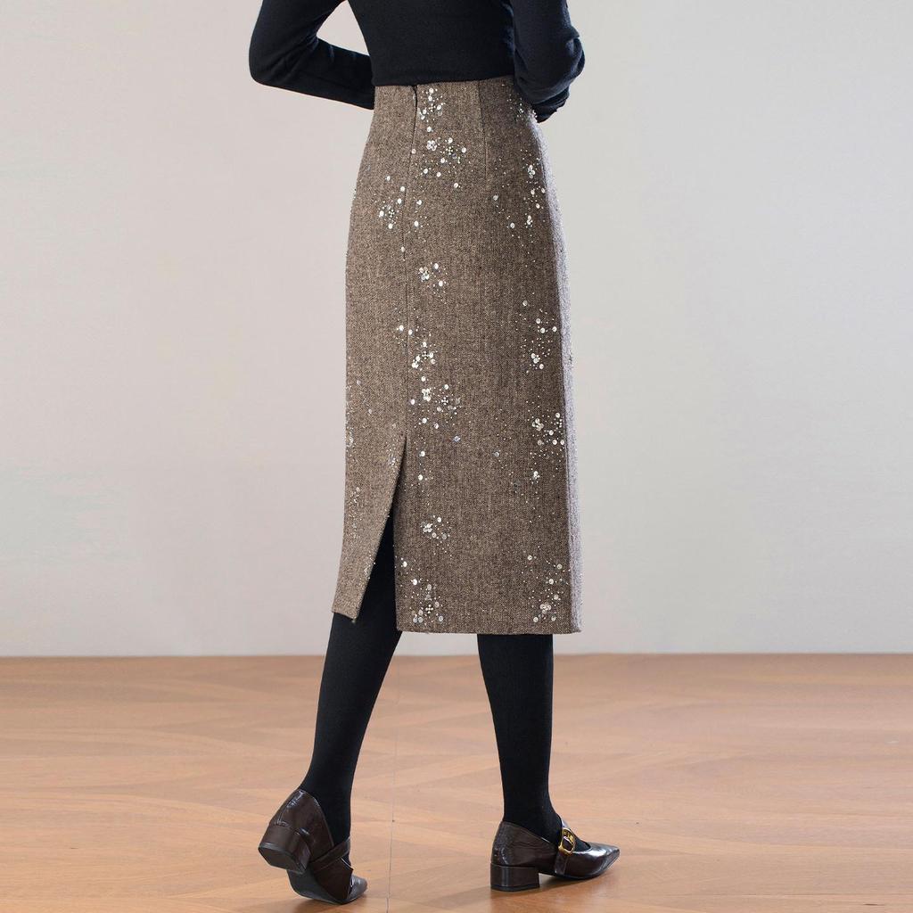 2025 Winter Elegant High-Waist Mid-Length Sequin Wool Slit Skirt for Women