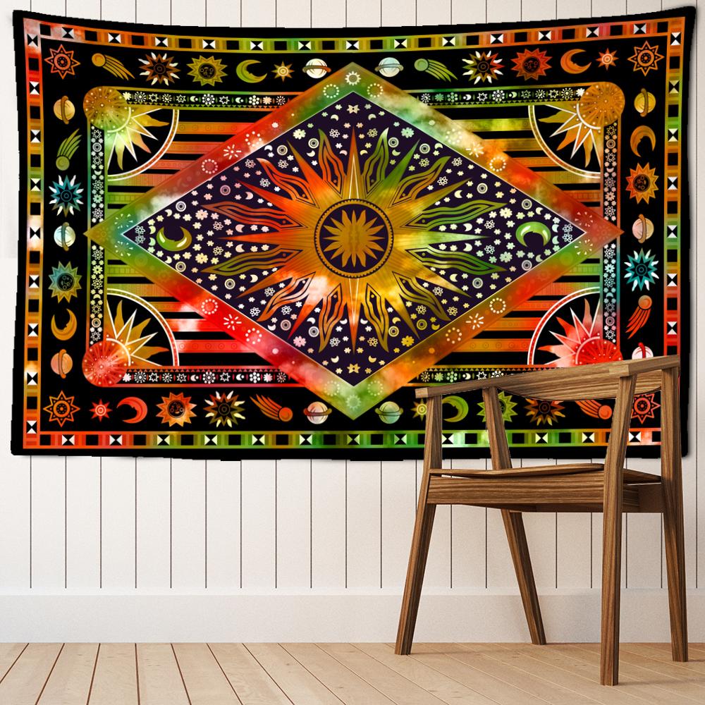 Zielony i pomarańczowy gobelin tarota słonecznego wiszący na ścianie hipisowski tapiz abstrakcyjna sztuka psychodeliczny czarostwo pokój wystrój domu