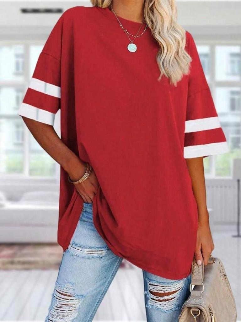 Women's Oversized Color Block T-Shirt Half Sleeve Crew Neck Loose Cotton Tunic Top