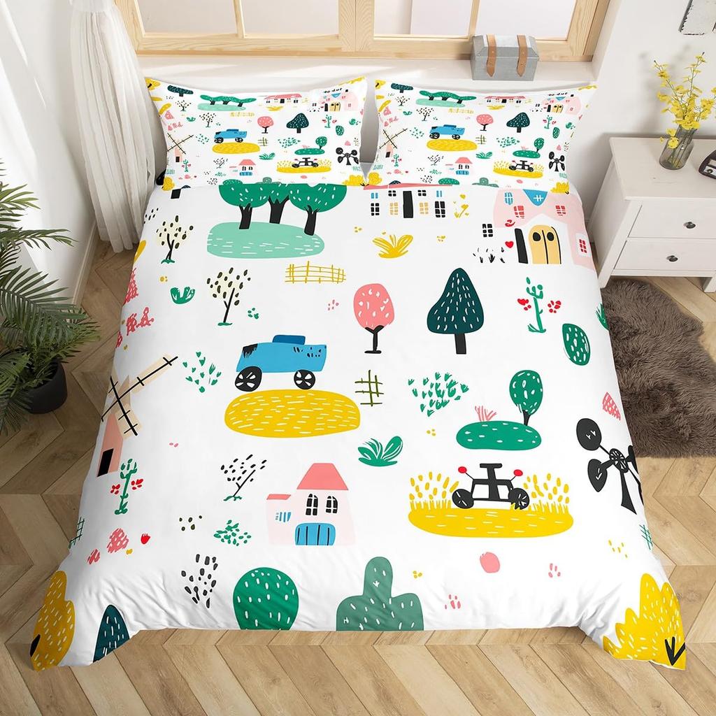 Cartoon Car Duvet Cover Transport Vehicle Motorcycle Toy Automobile Bedding Set Traffic Track Comforter Cover for Boys Teens