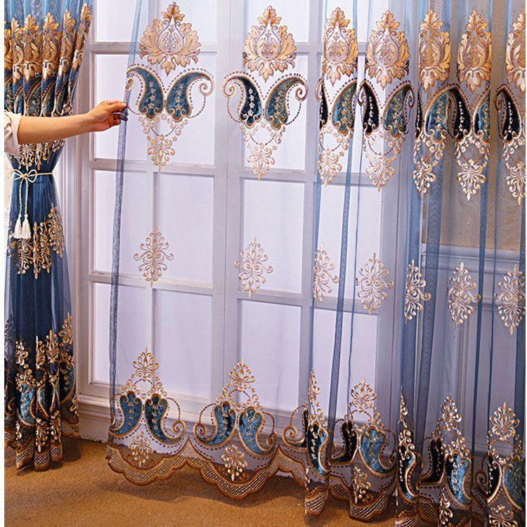 

Элегантная синяя вышитая прозрачная занавеска - светопропускающая кружевная вуаль-драпировка с винтажным цветочным узором для гостиной, спальни и столовой 170*270CM