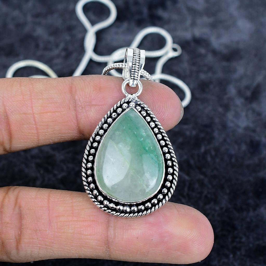Green Apatite Gemstone Handmade 925 Sterling Silver Jewelry Pendant 1.93" M-2959