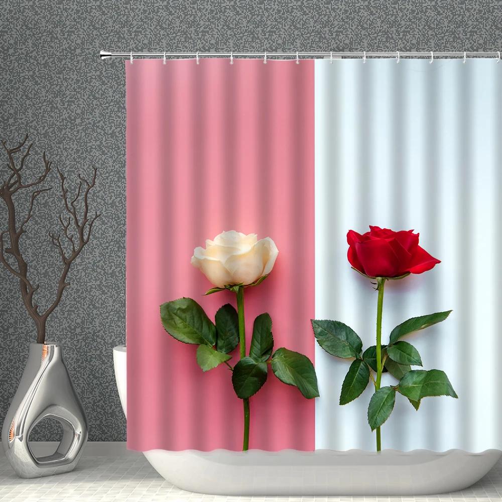 Rose Shower Curtain Set Romantic Valentine's Day Flower Waterproof Polyester Cloth Curtains Bathroom Home Decor With Hooks