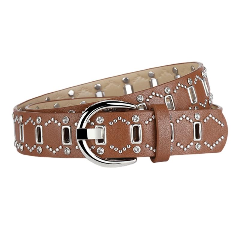 Женский панк-ремень с кристаллами и люверсами для девочек и мальчиков со шипами, люверсами, дизайн с люверсами для джинсов и брюк верблюд
