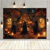 2D Halloween Witch Gathering Tapestry, Autumn Cottage Wall Hanging Background Cloth