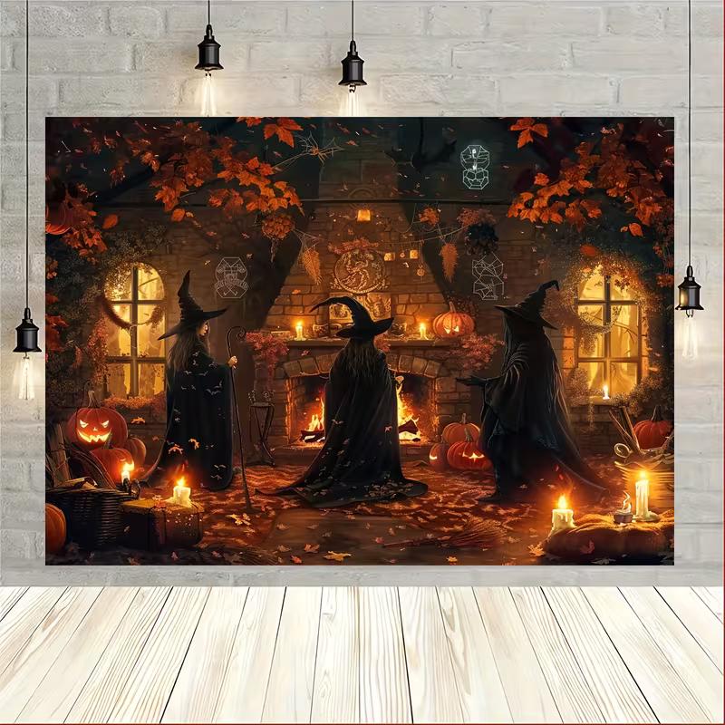 2D Halloween Witch Gathering Tapestry, Autumn Cottage Wall Hanging Background Cloth