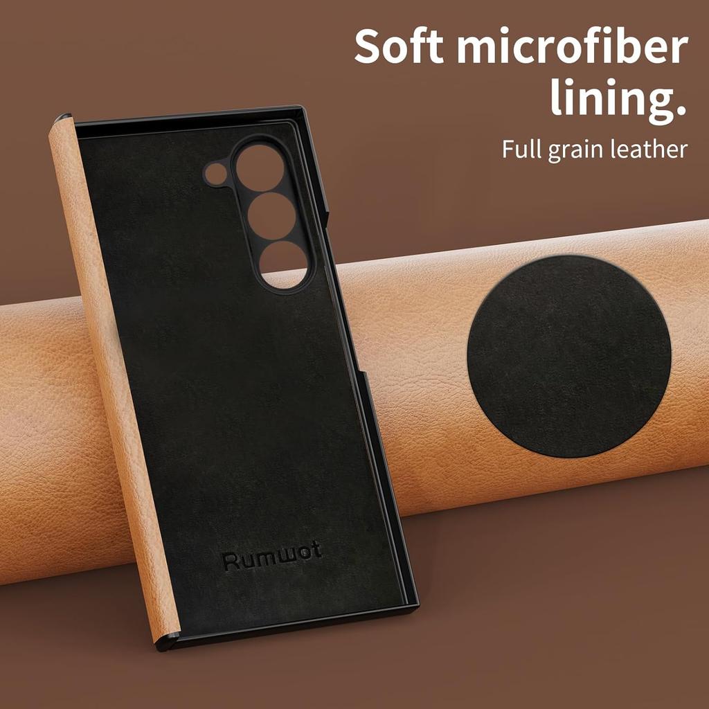Genuine Leather for Samsung Galaxy Z Fold 6,Full Grain Leather + Hard PC Shell Ultra with Front Built-in Screen Protector,Magnetic Hinge Protection,
