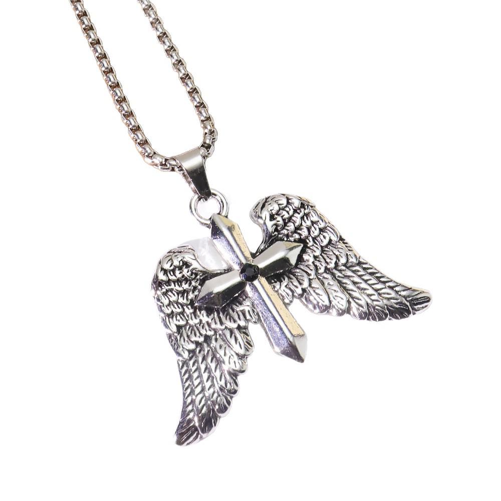 Men's Punk Retro Double Wing Cross Pendant Necklace in Stainless Steel