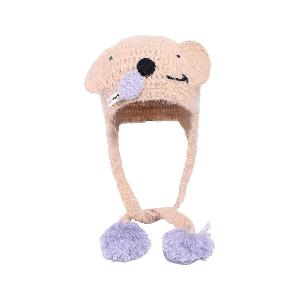Winter Cute Cartoon Snot Koala Ears Gray Wool Hat Women's Ear Protection Cold and Warm Knitted Bag Hat