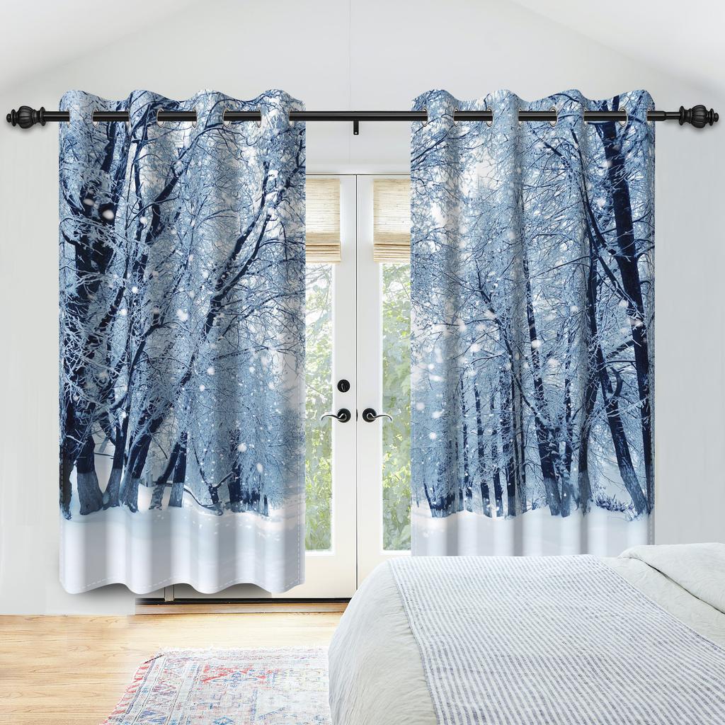 Winter Snow Scenery Blackout Curtains Snowman Pine Forest Pattern Bedroom Living Room Darkening Noise-reducing Window Curtain