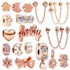 Rose Gold Plated Openwork Bow Sparkling Clip Triple Stone Safety Chain Charm Beads for Original Women Bracelet
