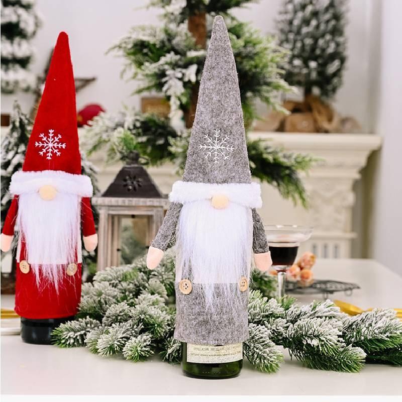 Festive Christmas Wine Bottle Covers Featuring Charming No-face Old Man Design In Red And Gray