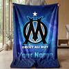 Olympique Marseille FC Custom Name Text Flannel Blanket Soccer Logo Personalized Fleece Throw Blanket Special Gift For Sofa Bedroom Home