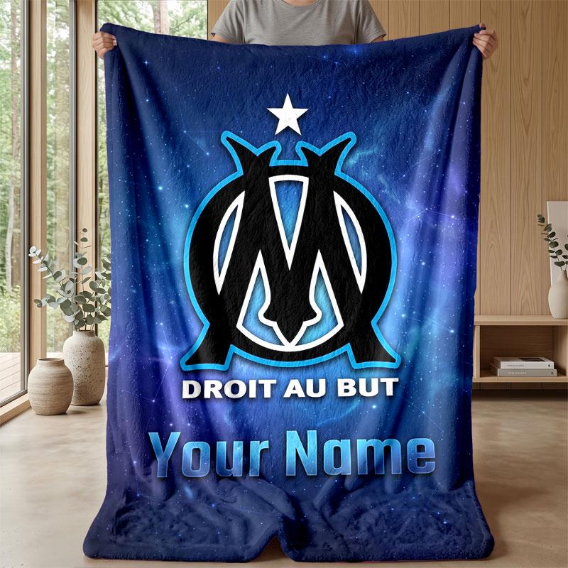 Olympique Marseille FC Custom Name Text Flannel Blanket Soccer Logo Personalized Fleece Throw Blanket Special Gift For Sofa Bedroom Home