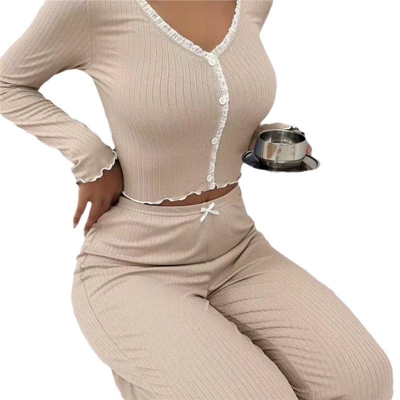 European & American Lace Pajamas Set: Slim Fit Long-Sleeved Top & Trousers