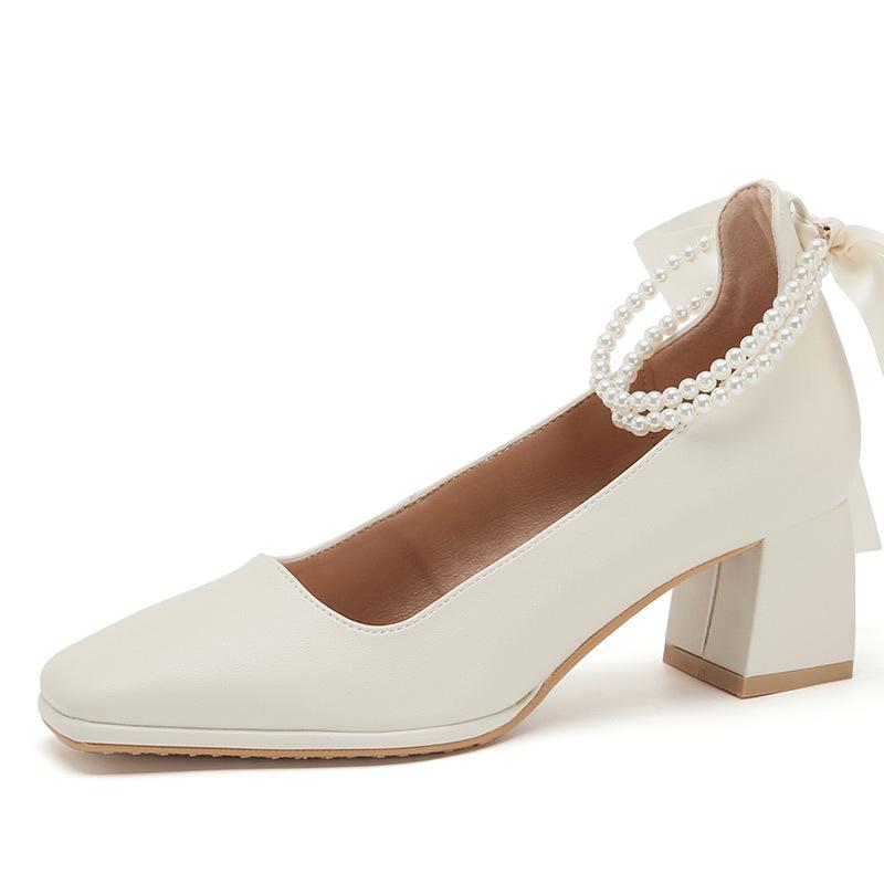 

2026 Retro Style Women s Mary Jane Square Toe Fairy High Heels with Pearl Ribbon Bow - Spring/Autumn Collection Size 36 абрикосовий