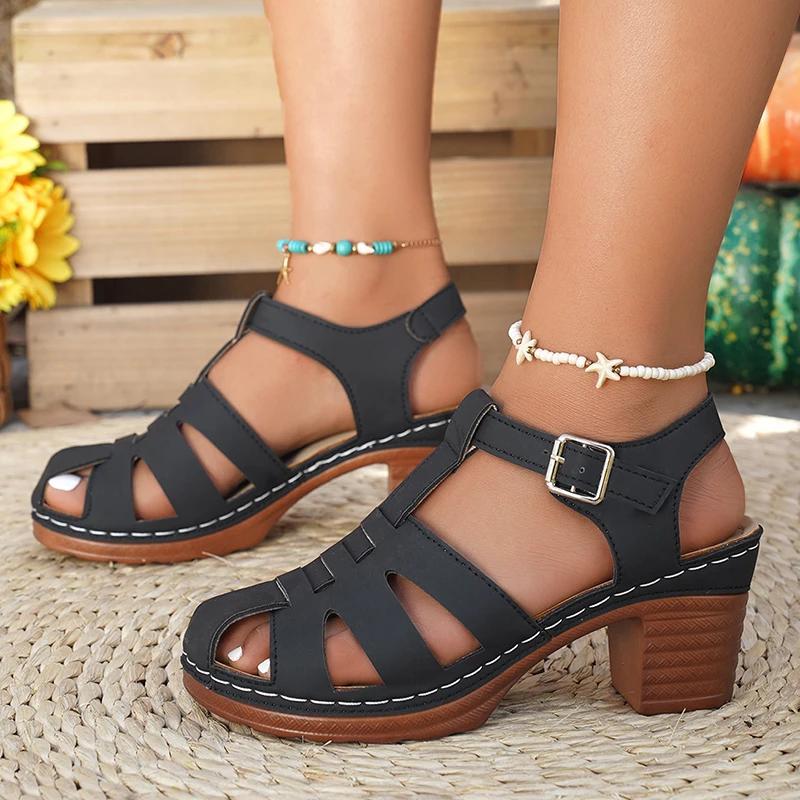 Fashion Roman Style Chunky Heel Sandals for Women Summer 2025 Closed Toe Hollow Out Gladiator Sandals Woman Ankle Strap Platform Sandles