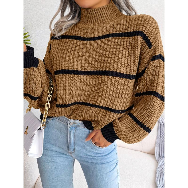 Pull rayé à manches lanternes, Pull décontracté à col roulé et manches longues, Hauts décontractés pour l'automne et l'hiver, Vêtements pour femmes