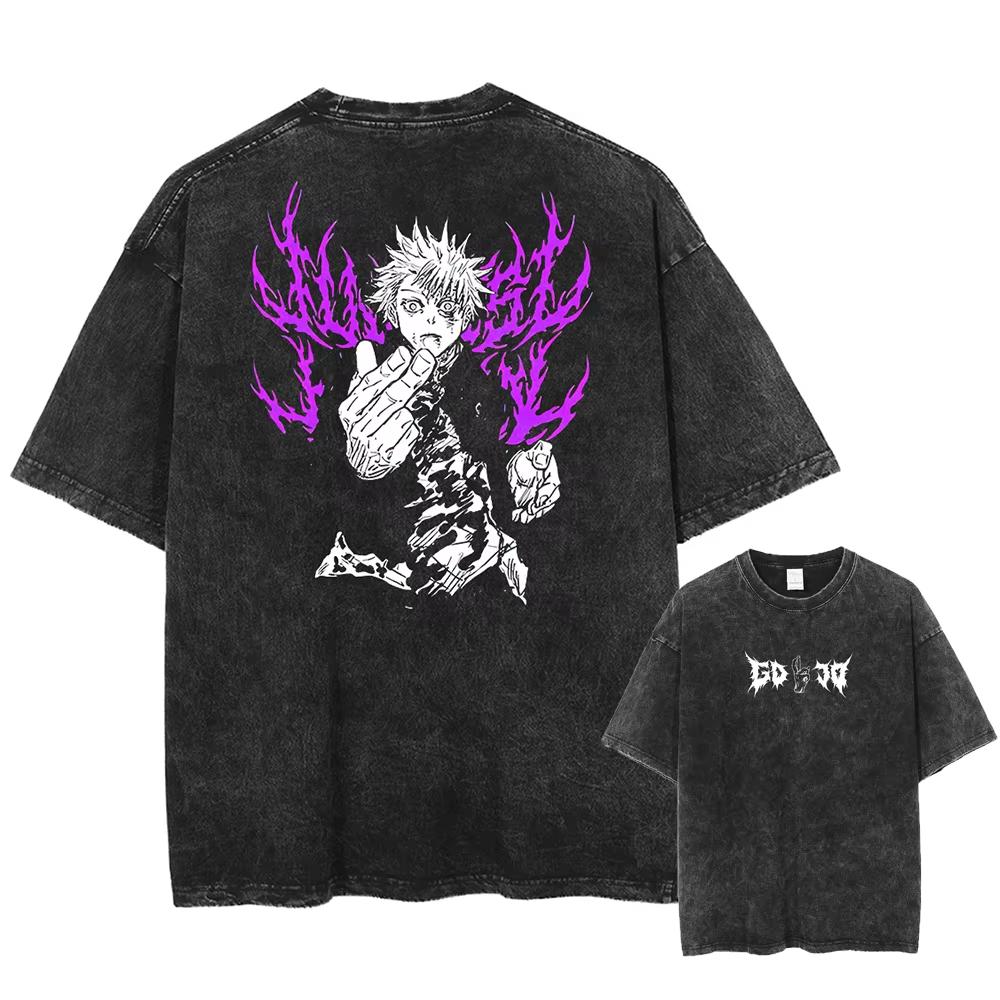 Japan Anime Jujutsu Kaisen Gojo Satoru Print Washed Tshirt Men Pure Cotton Tshirts Manga Casual T Shirt Harajuku Top Streetwear