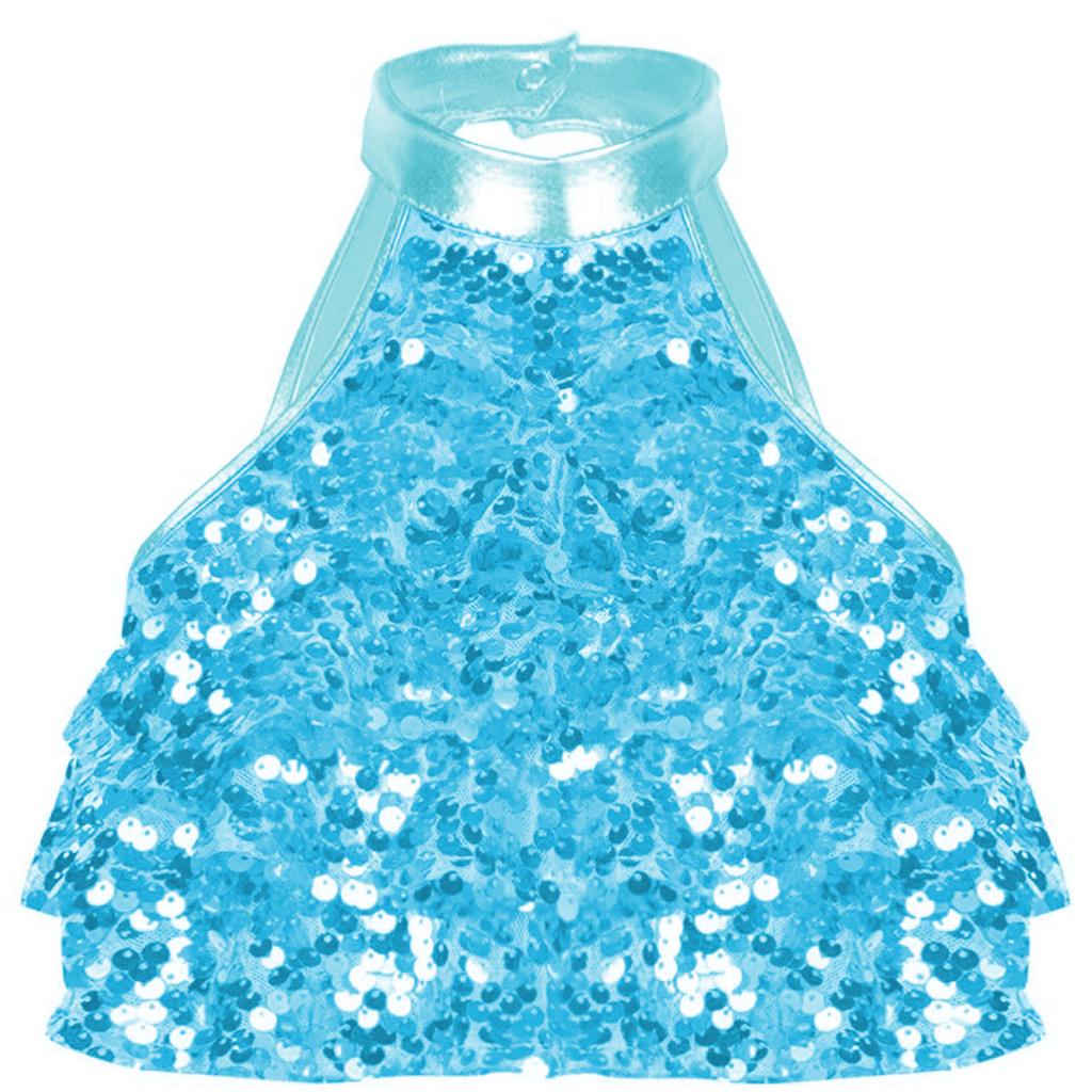 Girls Sleeveless Mock Neck Shiny Sequin Tiered Backless Crop Top Dance Performance Top