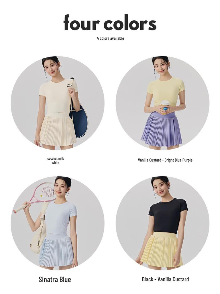 Women's Short Sleeve Yoga Suit & Pleated Tennis Skirt Set