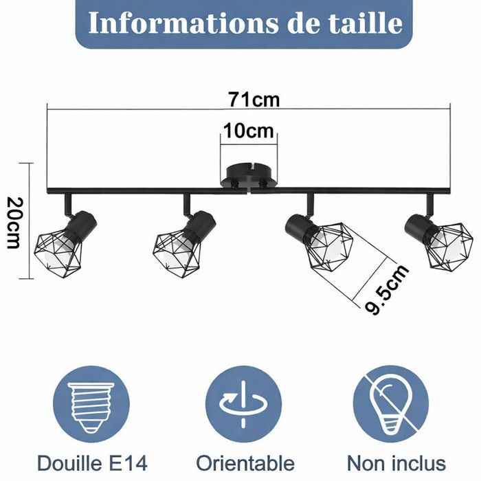 Plafonnier de Style Moderne NETTLIFE - 4 Spots E14, Orientables, Métal Noir, Compatible LED, Pour Couloir Salon Chambre Cuisine