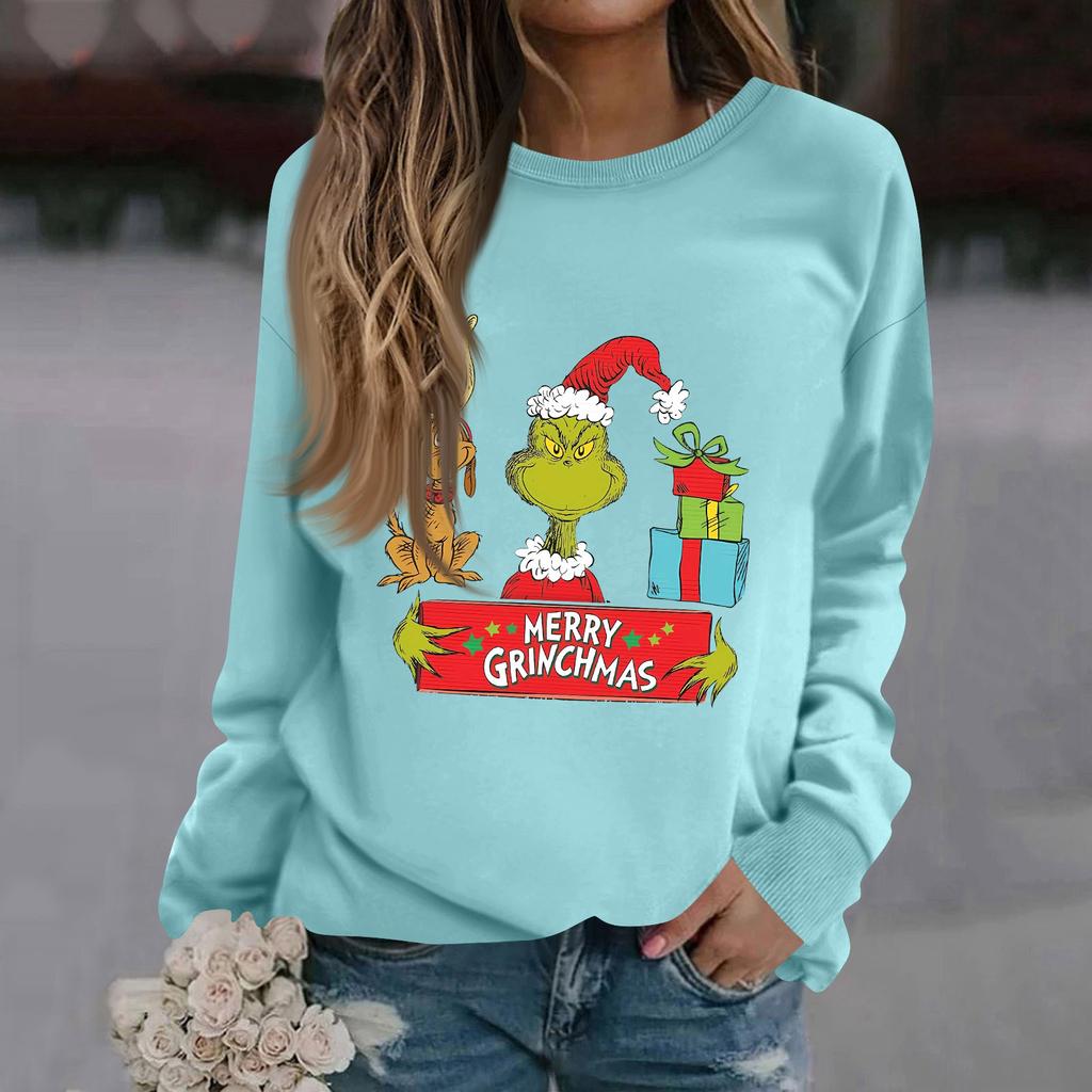 Women's Fashion Casual Long Sleeve Solid Color Christmas Printed Round Neck Top Sweatshirt