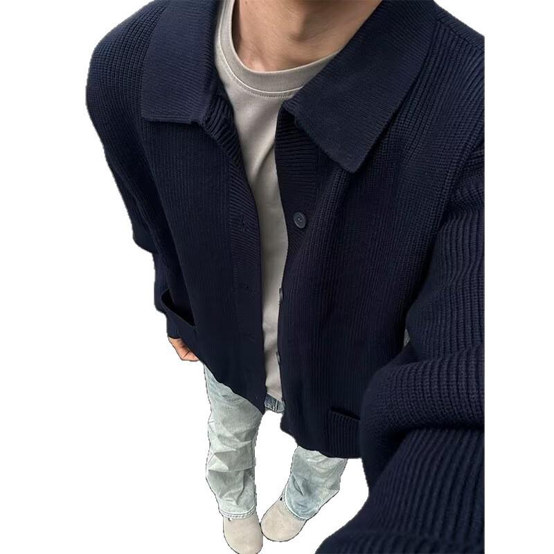 Men's Dark Blue Retro Knit Cardigan with Turn-Down Collar - Versatile Casual Sweater for Autumn and Winter
