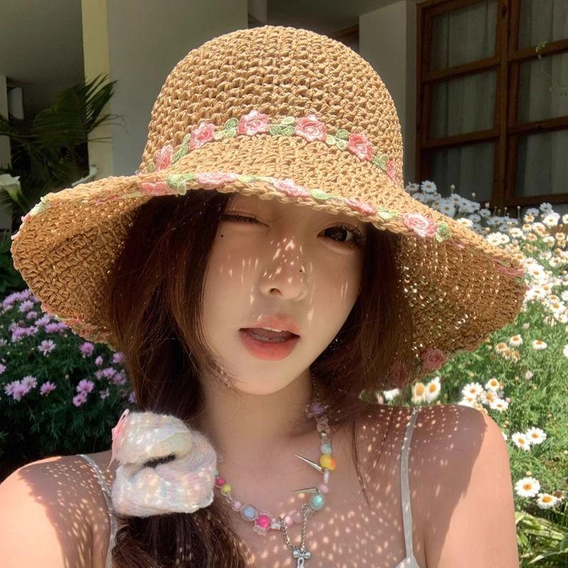 Summer Woven Grass Hat for Women Beach Vacation Small Flower Sun Fisherman Grass Hat
