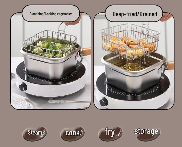 Stainless Steel Multifunctional Cookware: Square Deep Fryer, Milk Steamer, Noodle Pot, Portable Fresh-Keeping Box
