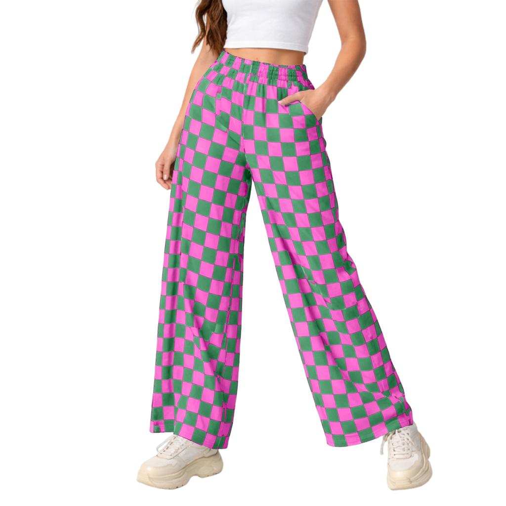 Women's Casual Wide Leg Checkered Pants, High-Waist Elastic Waist, Loose Comfy Trousers With Side Pockets