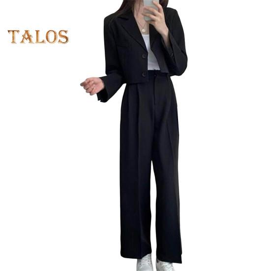 

2 шт./компл., женское пальто, комплект брюк, однобортный кардиган с лацканами, куртка с длинными рукавами, широкие брюки с высокой талией, прямые брюки, женский формальный коммутирующий наряд M чёрный