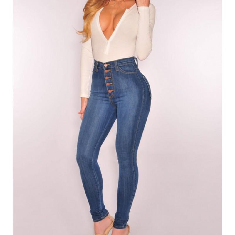 High Waist Stretch Slim Fit Denim Jeans Women Deep Light Blue Cotton Blend 2025