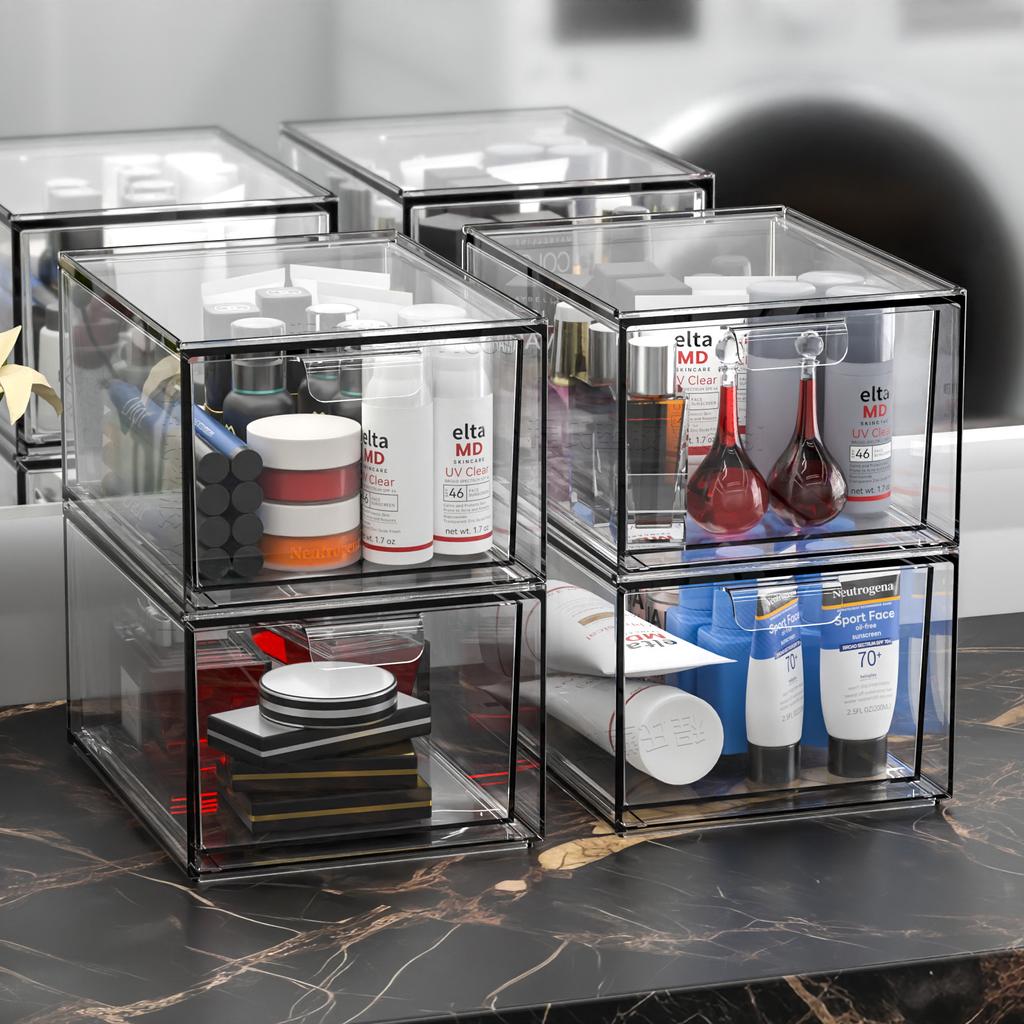 1/2 KS Organizéry do zásuvky stola Stohovateľné Priehľadné Úložné priestory do kúpeľne Organizér na make-up Akrylové úložné boxy Priehradky Organizér na písacie potreby