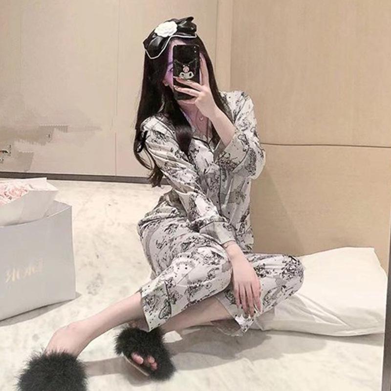 Women's Floral Silk Pajamas - Long-Sleeved, Thin & Stylish Korean Homewear for Spring/Autumn