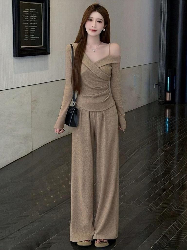 Korean Style Off-Shoulder Top and Wide-Leg Pants Set for Women - Autumn/Winter Fashion