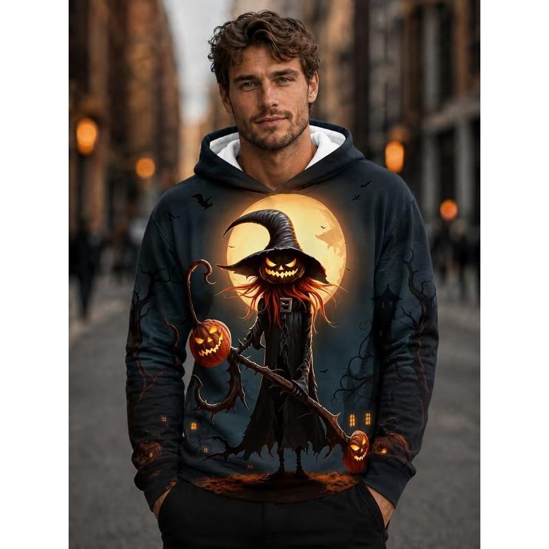 Men Halloween Hoodie 3D Print Pumpkin Witch Skull Spooky Horror Pattern Pullover Hoody Holiday Party Casual Sweatshirt