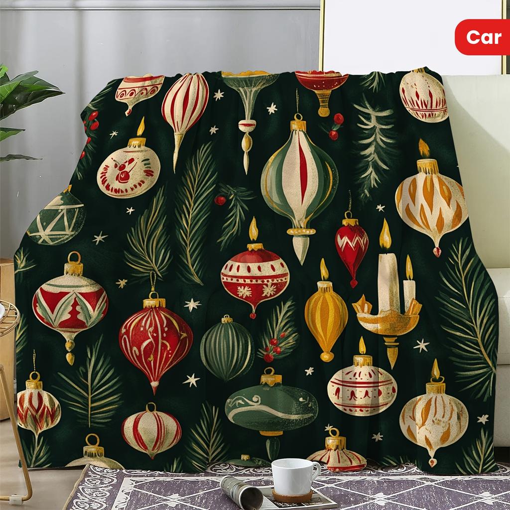 Vintage Christmas Blanket - Ornament Candle Print Flannel Throw, Soft All-Season Gift For Couch/Bed, Cozy Holiday Decor