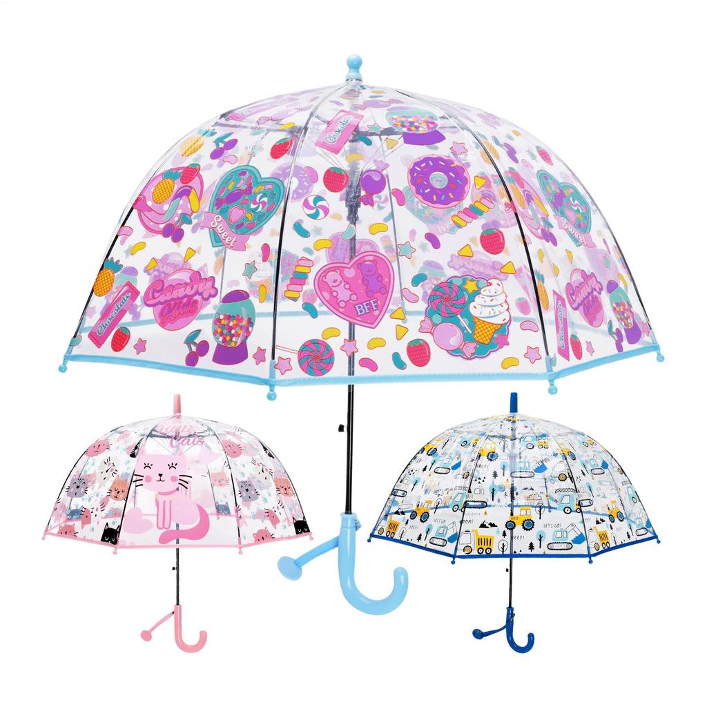 Clear Kids Umbrella Transparent Dome Windproof Safety Round Tip Easy Grip Hook Handle for Toddler Boys Girls Rainy Walking Play