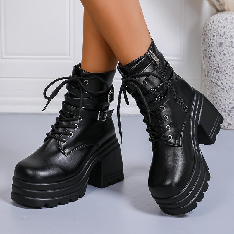 Fashion Fashion Buckle Cunky Platform Ankle Boots Women Lace Up Super High Heel Punk Boots Woman Pu Leather Thick Heels Motorcycle Botas