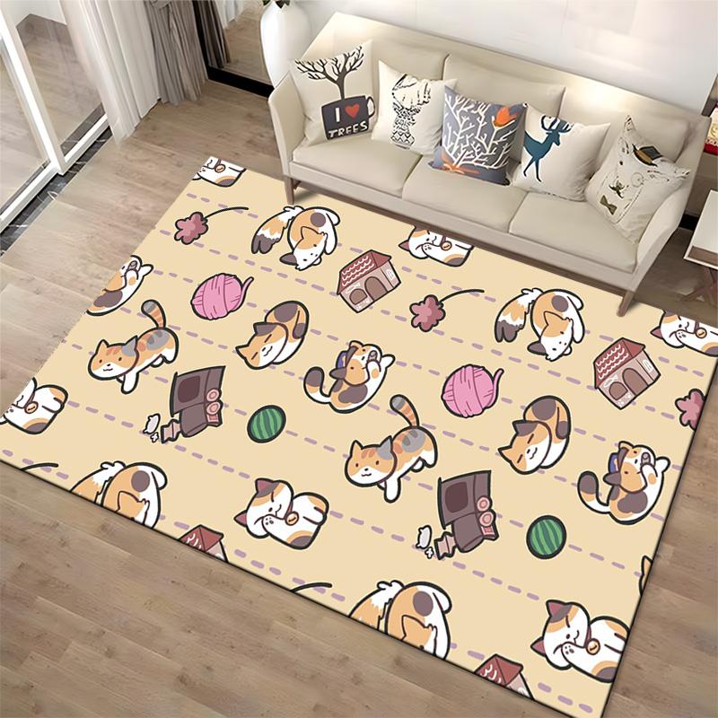 Cute Cartoon Cat Pattern Carpet with Paw Prints Yarn Balls Houses and Beige Background Suitable for Use As an Anti-slip for Room and Bedroom Sofas