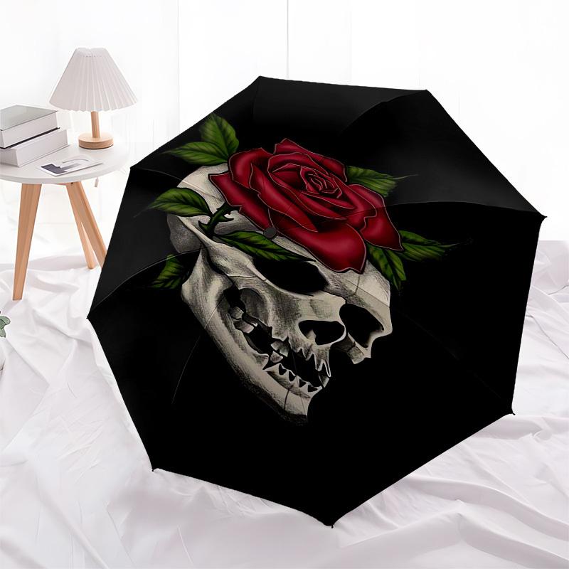 1pc Skull and Rose Tattoo Design Umbrella with Plastic Handle,Suitable for All Seasons UmbrellaPT477