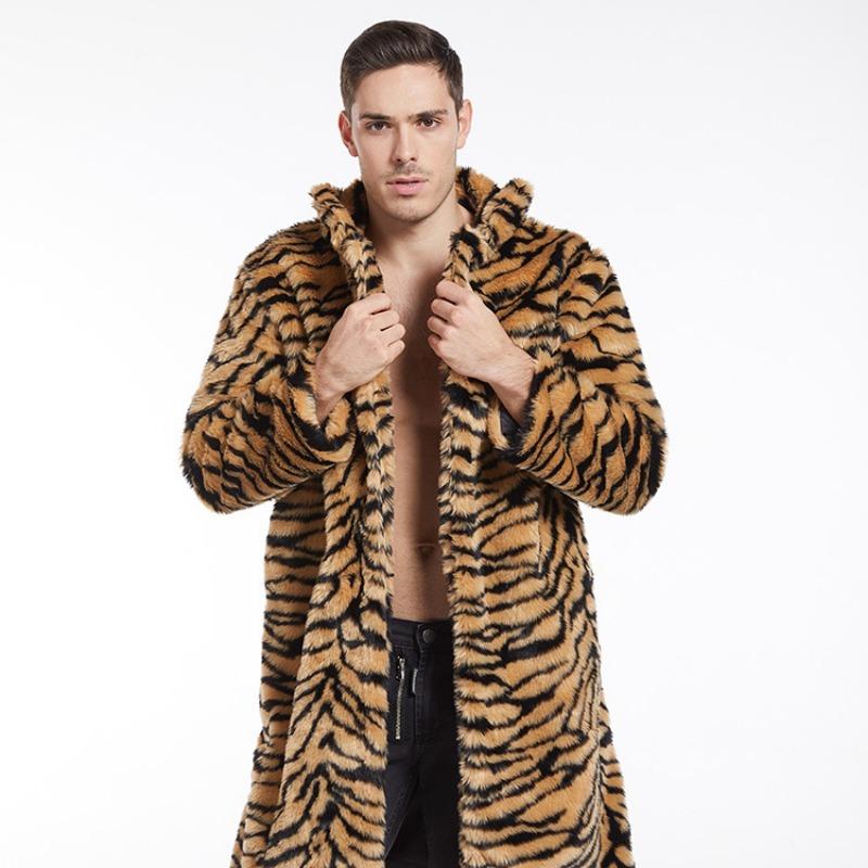 

Men s Tiger Print Faux Fur Maxi Coat Open Front Warm Winter Jacket S жовтий