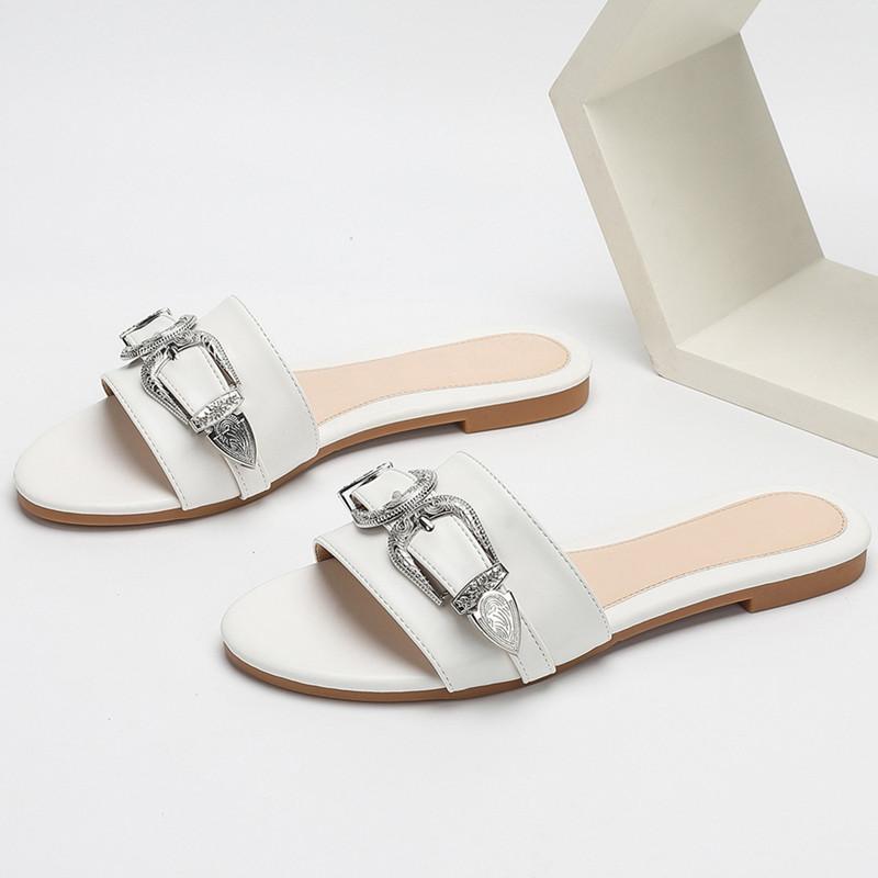 Fashion Metal Belt Buckle Decoration Women's Slippers Summer Lightweight Non-slip Slide Sandals Comfortable Peep Toe Beach Flat Sandals