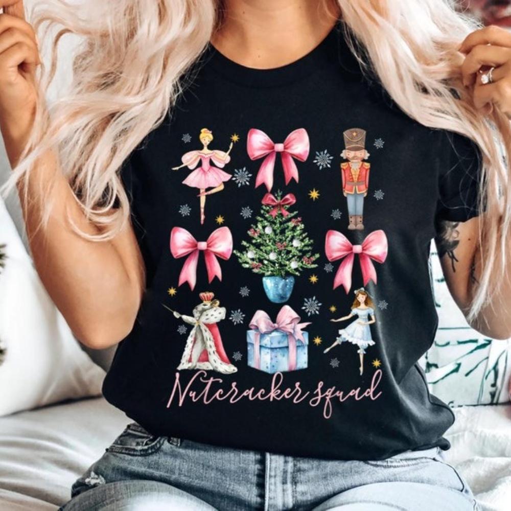 Christmas Nutcracker TShirt Christmas Sweatshirt Nutcracker Ballet TShirt Pretty Pink Bows Shirt Women Crewneck Short Sleeve