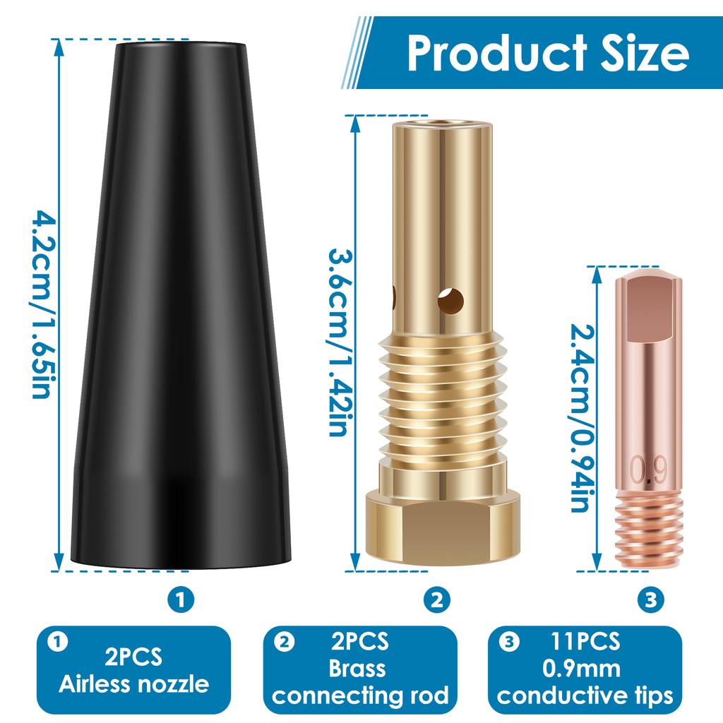 15Pcs Gasless Nozzle Tips Welding Kit 0.8/0.9mm Flux Core Gasless Nozzle Welding Tips Replacement for MIG Welder Welding Tools