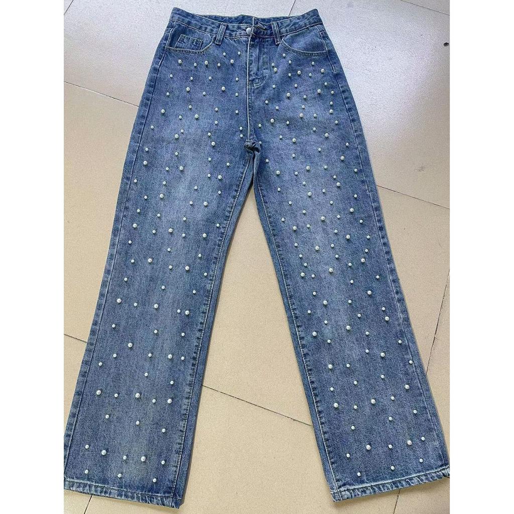 Denim Pants Fashion Beaded Jeans Wide-Leg Pants Female Tide Spring and Summer High Waist Loose Mop Pants