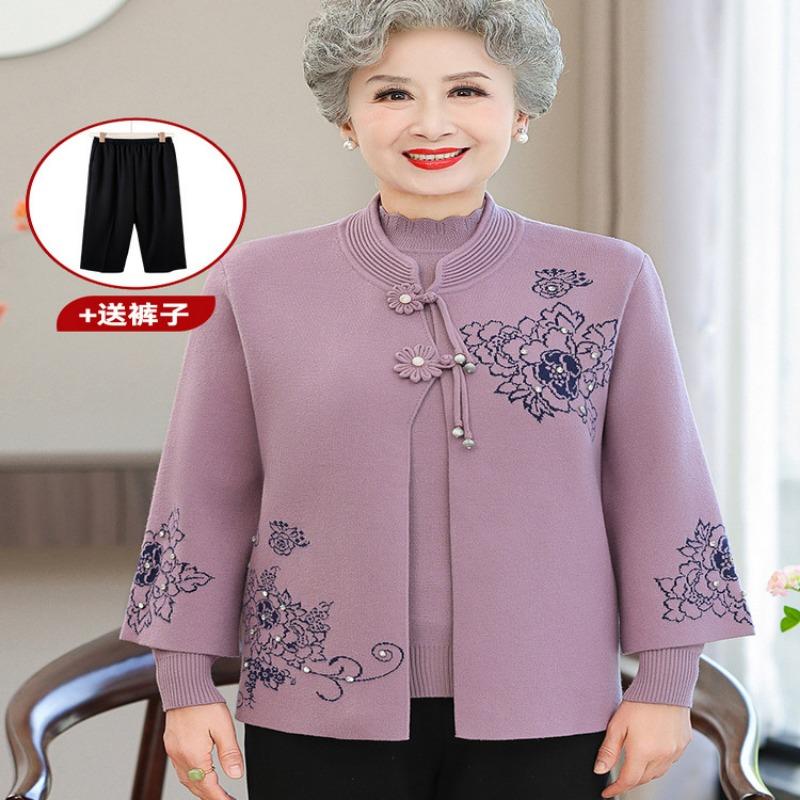 Grandma's Autumn Sweater Cardigan Middle Elderly Clothes Female Old Lady Two-piece Suit Year-old 0 Mother Coat
