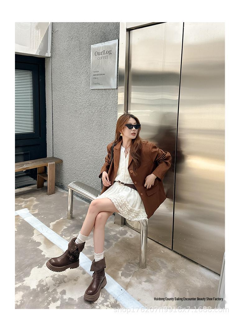 Genuine Leather Fold-over Melaude Martin Women's Height-increasing Mid-calf Boots 2025