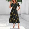 Women's Summer Short Sleeve Round Neck Waistband Bohemian Flowy Layered Maxi Dress With Pockets